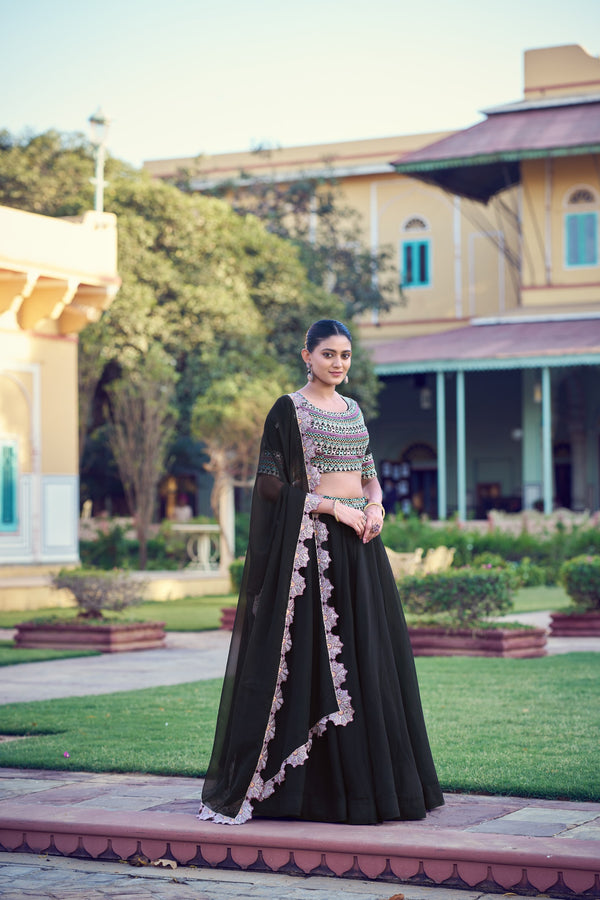 Black Aurum Georgette Lehenga Choli Set with Floral Scallop Dupatta