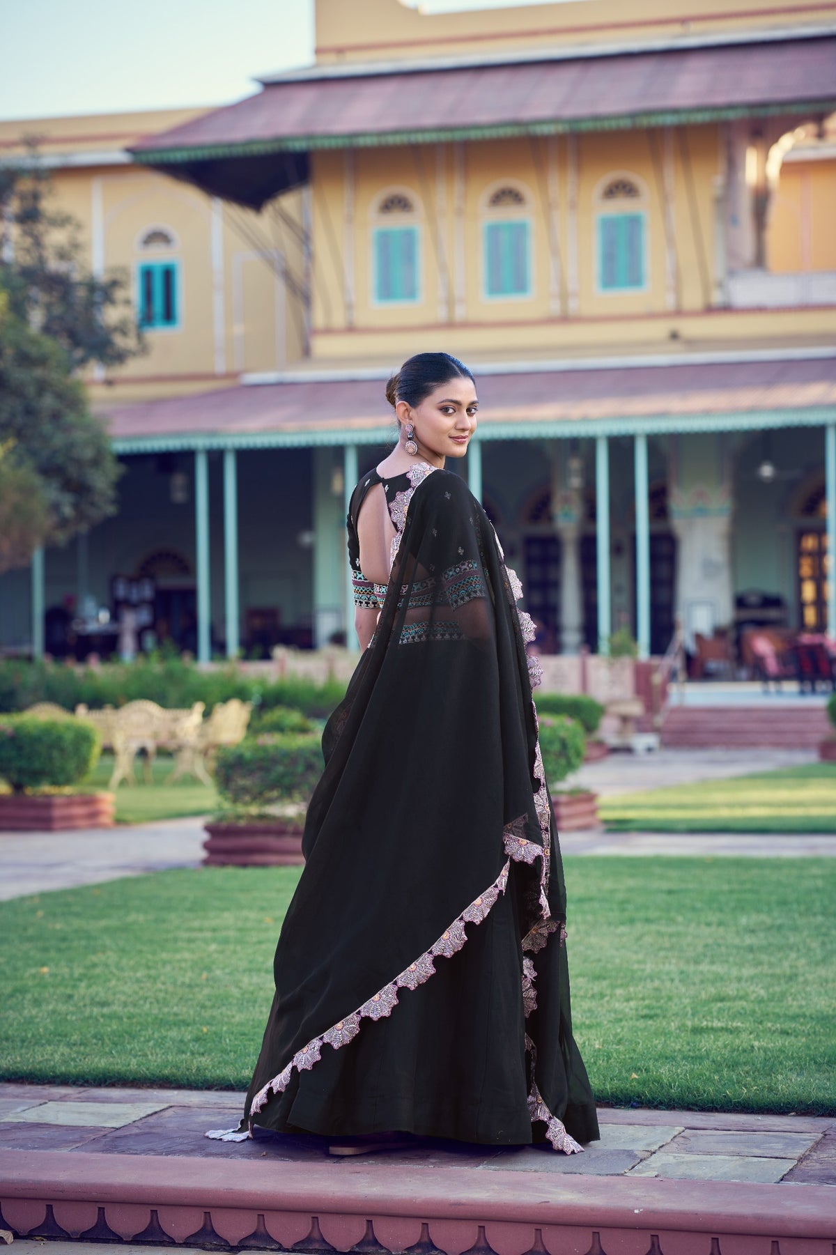 Black Aurum Georgette Lehenga Choli Set with Floral Scallop Dupatta