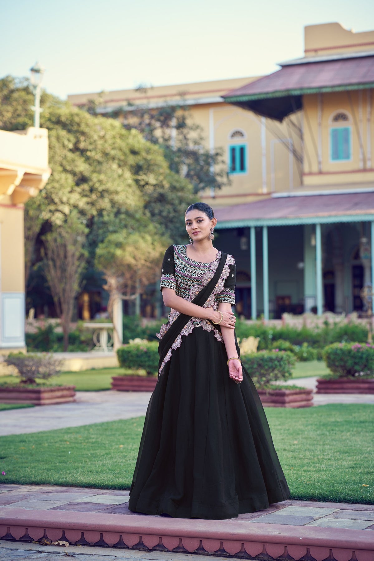 Black Aurum Georgette Lehenga Choli Set with Floral Scallop Dupatta
