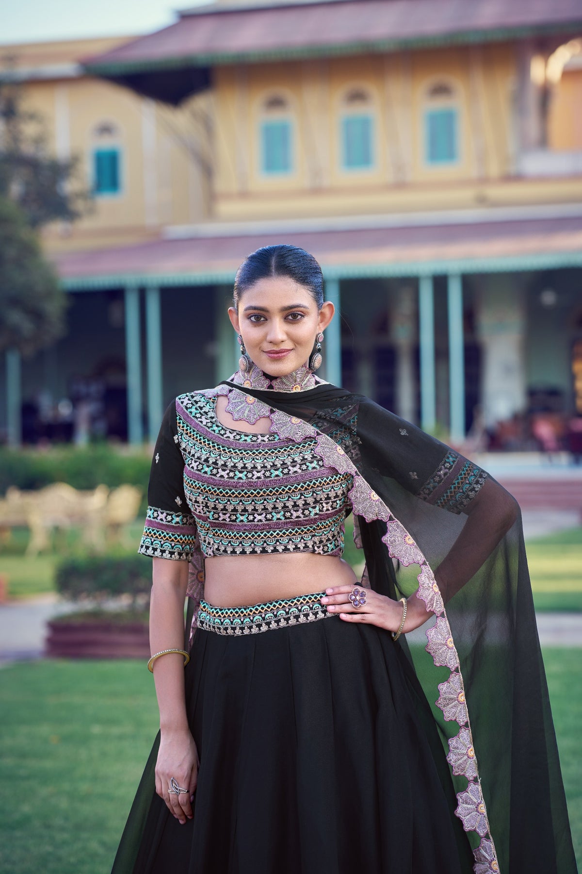 Black Aurum Georgette Lehenga Choli Set with Floral Scallop Dupatta