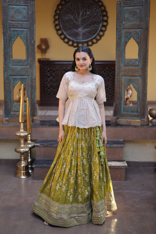 Parrot Green Embroidered Viscose Jacquard Lehenga Set with Stitched Peplum Blouse