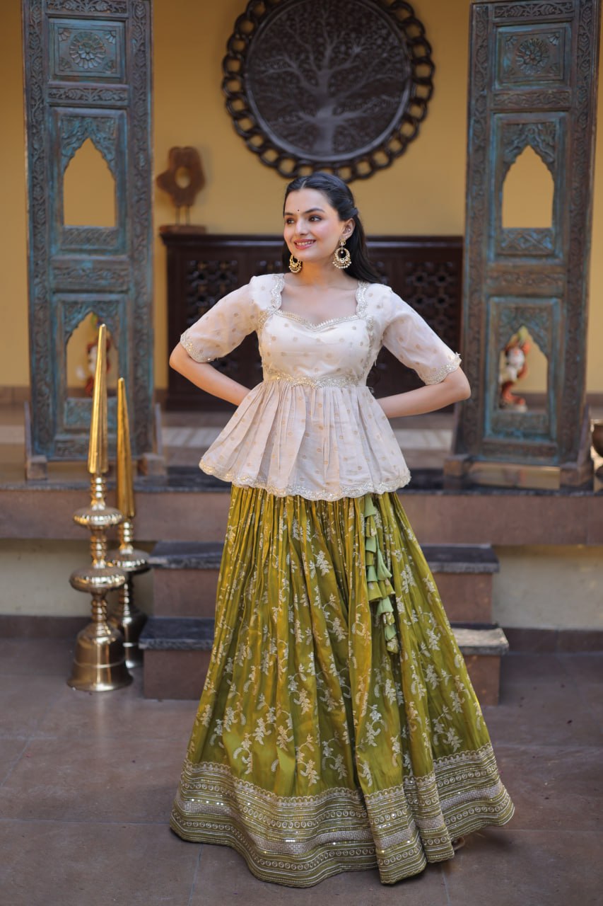 Parrot Green Embroidered Viscose Jacquard Lehenga Set with Stitched Peplum Blouse