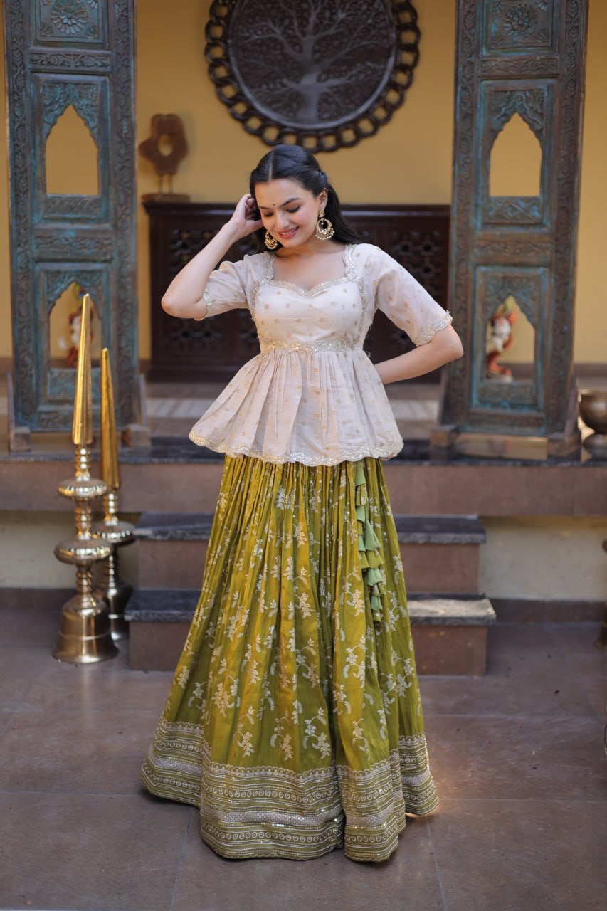 Parrot Green Embroidered Viscose Jacquard Lehenga Set with Stitched Peplum Blouse