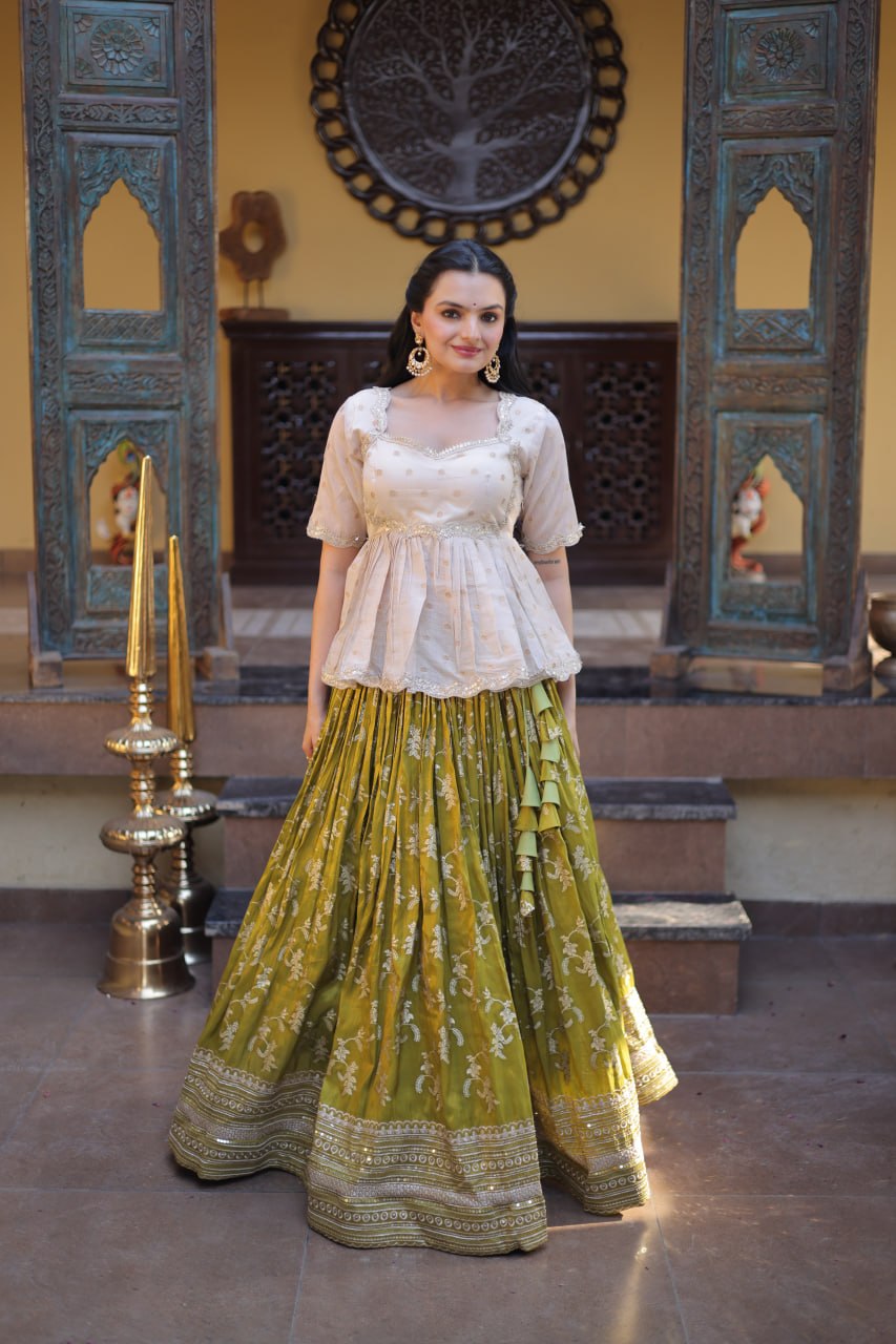 Parrot Green Embroidered Viscose Jacquard Lehenga Set with Stitched Peplum Blouse