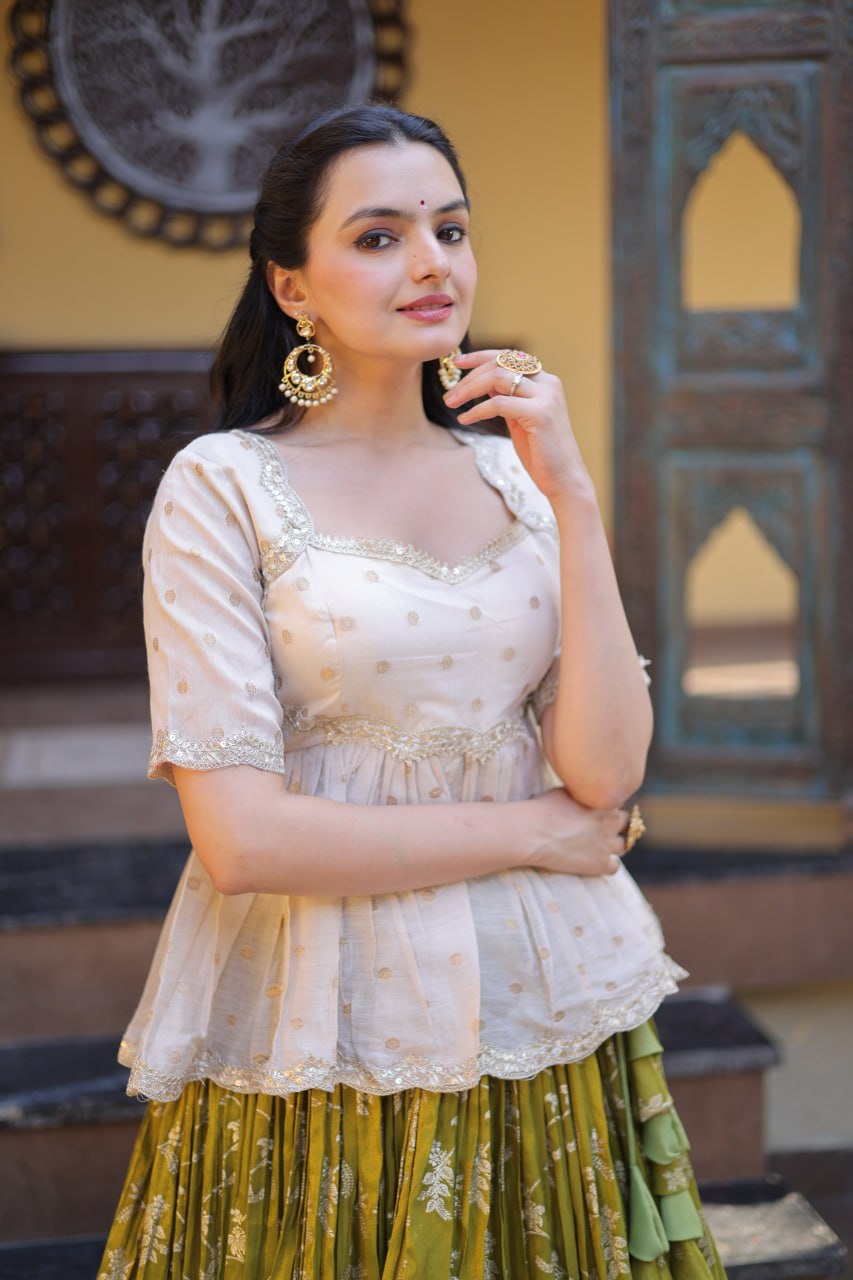 Parrot Green Embroidered Viscose Jacquard Lehenga Set with Stitched Peplum Blouse