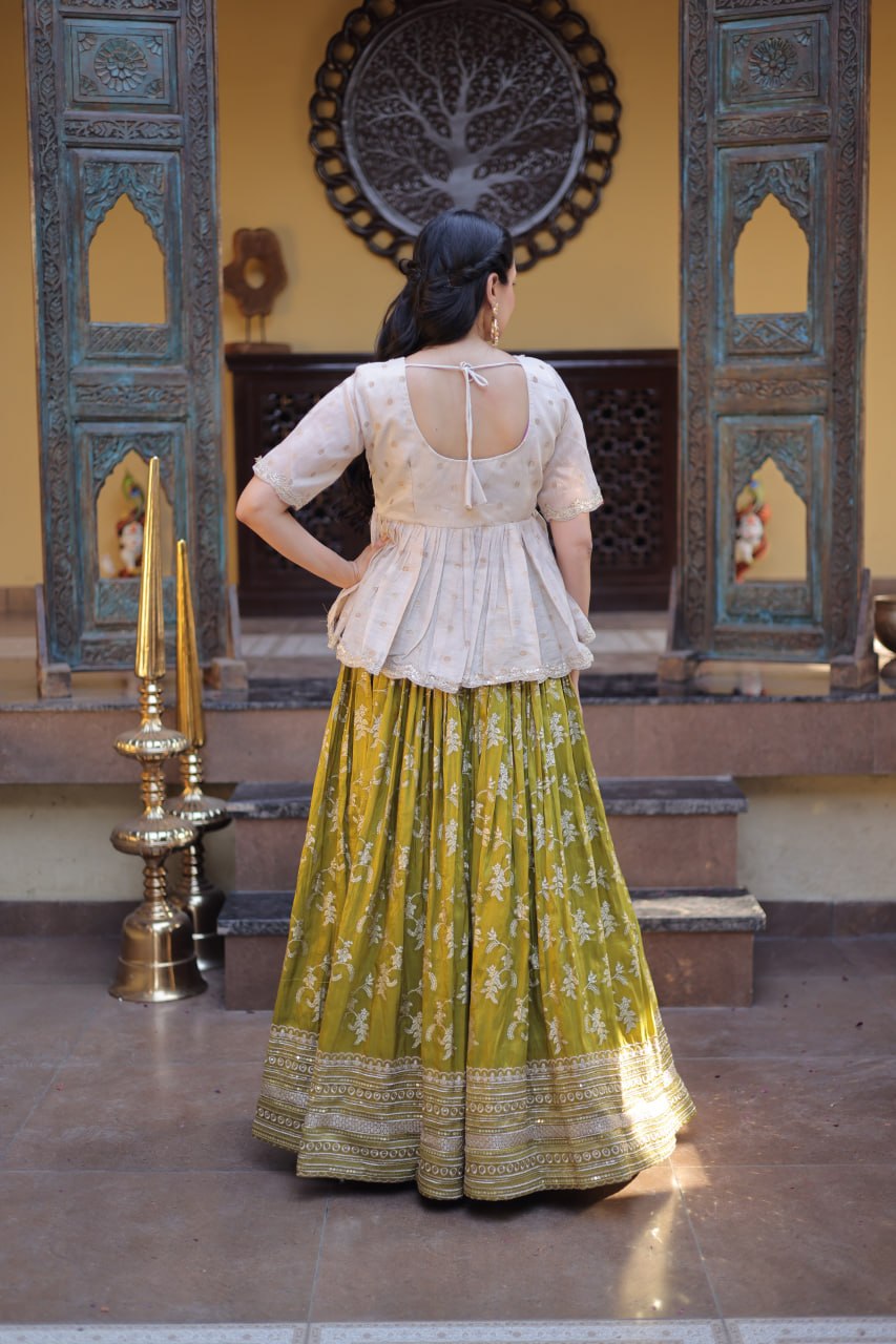 Parrot Green Embroidered Viscose Jacquard Lehenga Set with Stitched Peplum Blouse