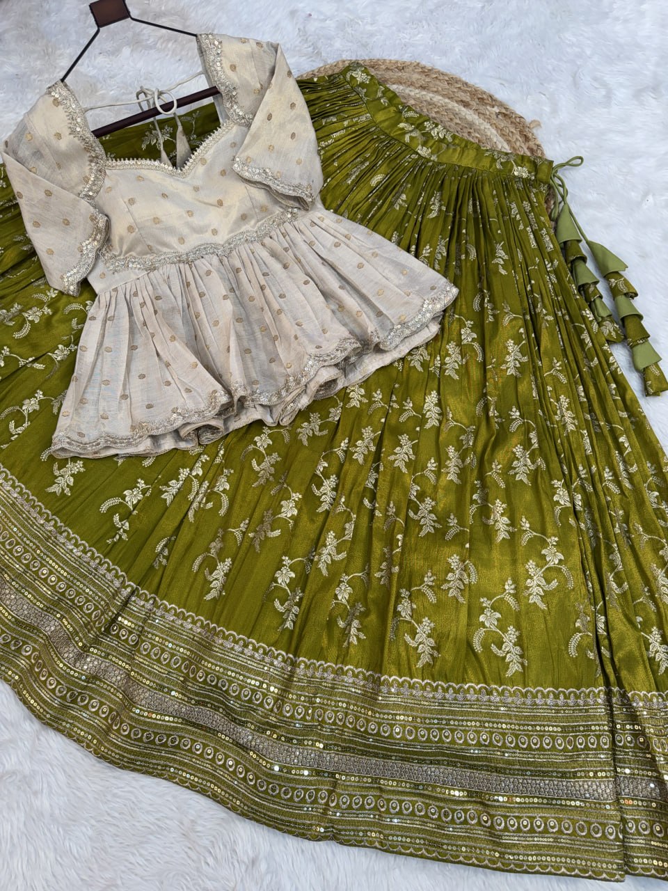 Parrot Green Embroidered Viscose Jacquard Lehenga Set with Stitched Peplum Blouse