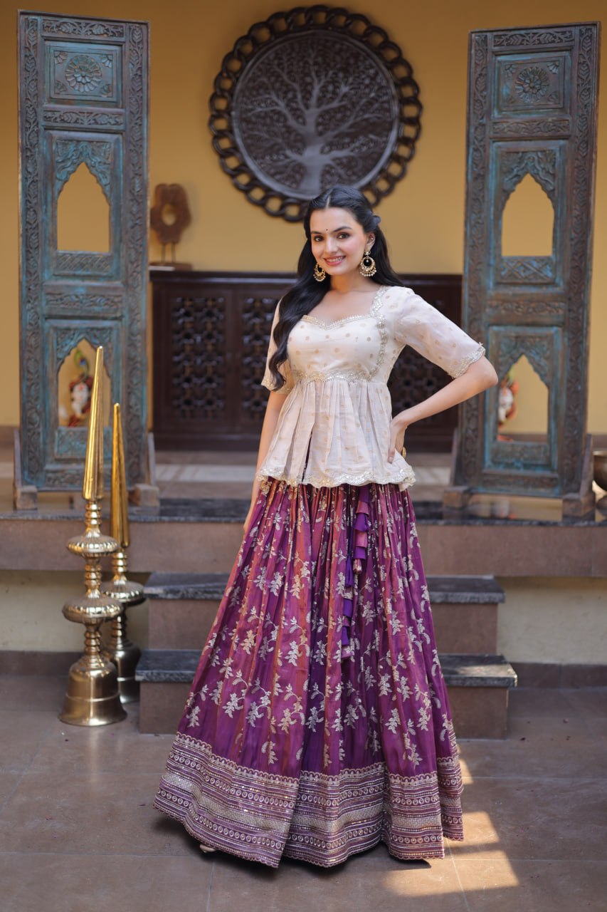Wine Embroidered Viscose Jacquard Lehenga Set with Stitched Peplum Blouse