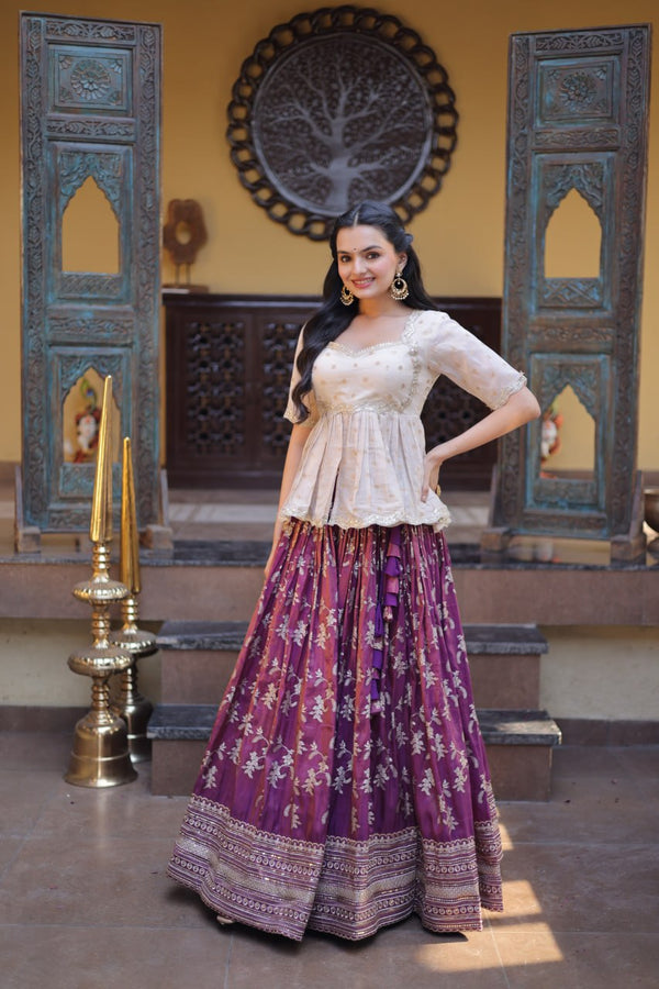 Wine Embroidered Viscose Jacquard Lehenga Set with Stitched Peplum Blouse