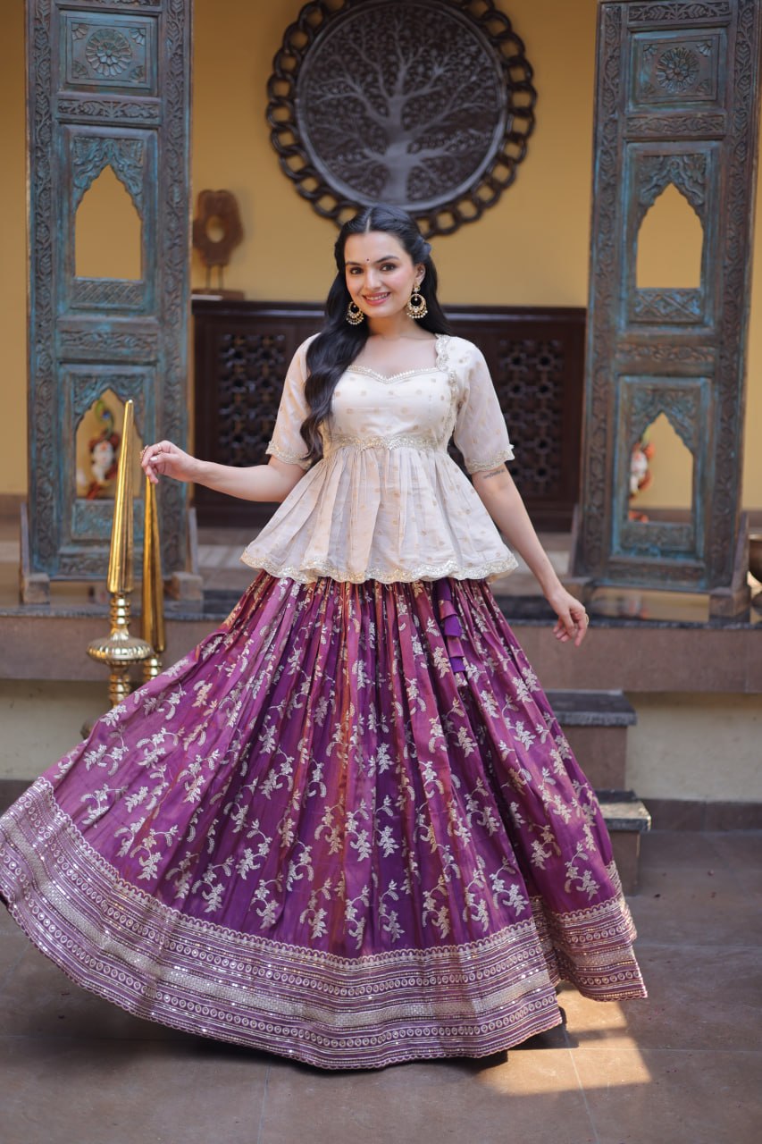 Wine Embroidered Viscose Jacquard Lehenga Set with Stitched Peplum Blouse