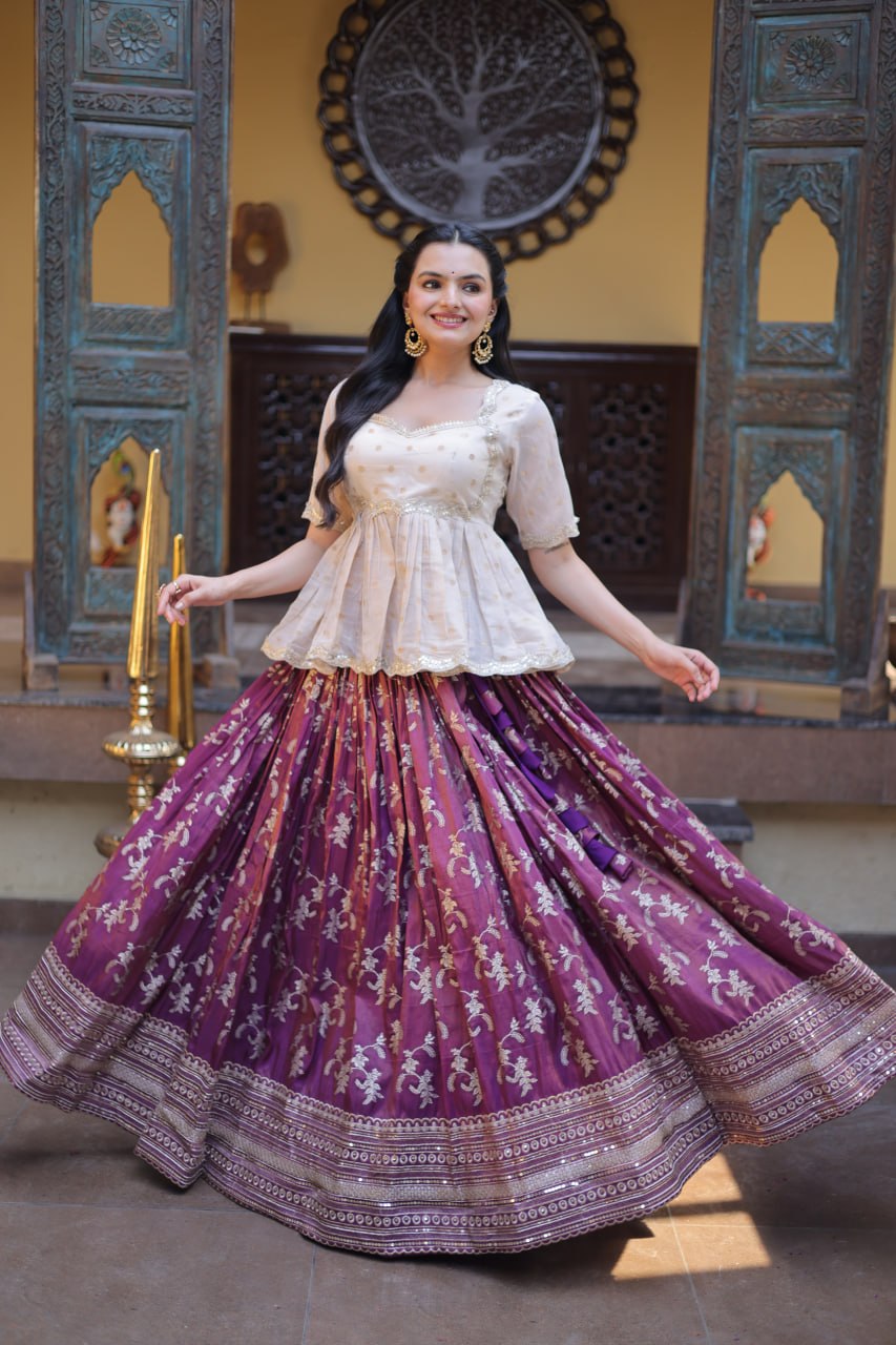 Wine Embroidered Viscose Jacquard Lehenga Set with Stitched Peplum Blouse