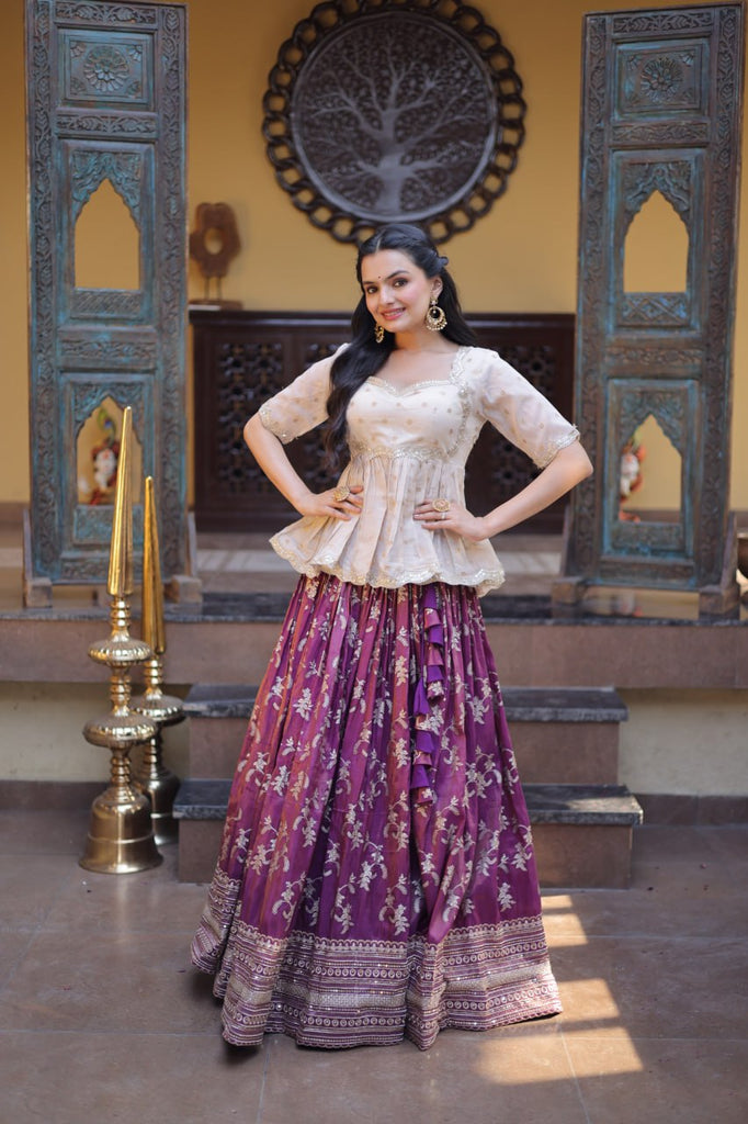 Wine Embroidered Viscose Jacquard Lehenga Set with Stitched Peplum Blouse