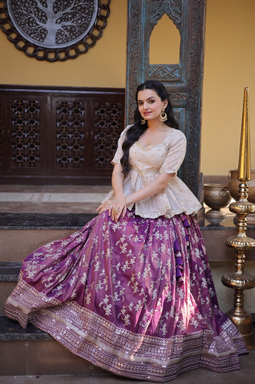 Wine Embroidered Viscose Jacquard Lehenga Set with Stitched Peplum Blouse