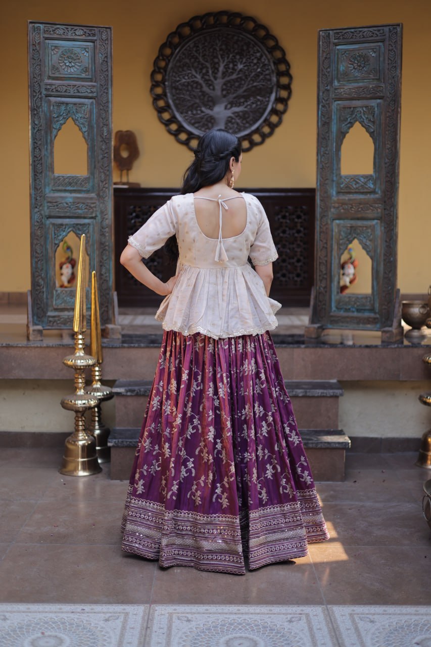 Wine Embroidered Viscose Jacquard Lehenga Set with Stitched Peplum Blouse