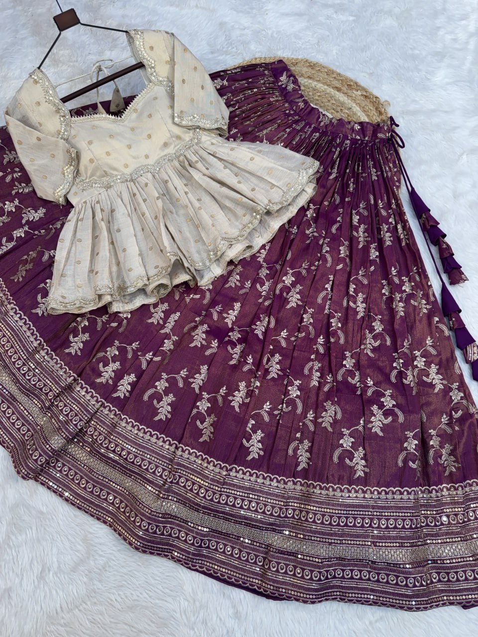 Wine Embroidered Viscose Jacquard Lehenga Set with Stitched Peplum Blouse