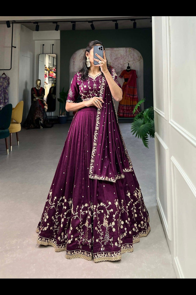 Elegant Wine-Colored Silk Lehenga Choli with Sequin & Thread Embroidery