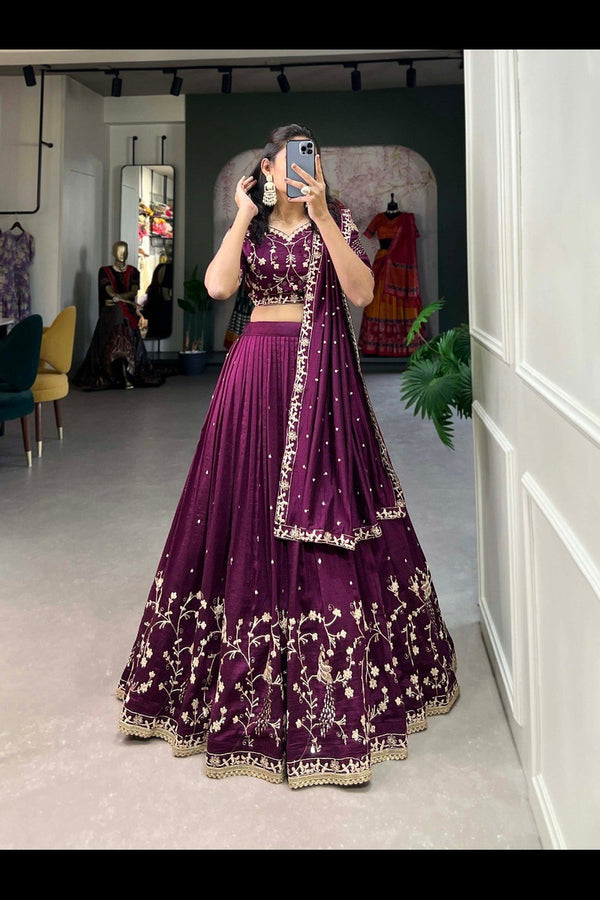 Elegant Wine-Colored Silk Lehenga Choli with Sequin & Thread Embroidery