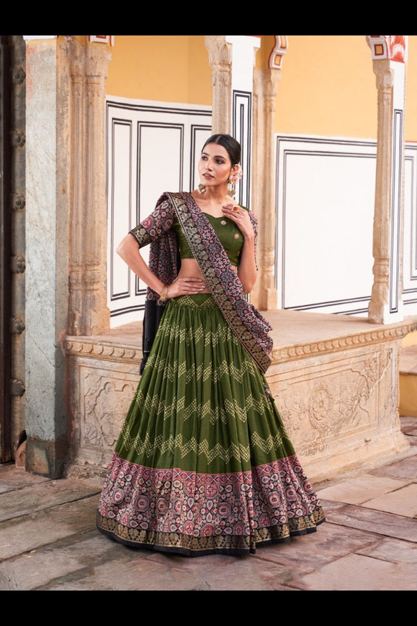 Silk Lehenga Choli with Ajarakh Prints A Reflection of Tradition & Grace