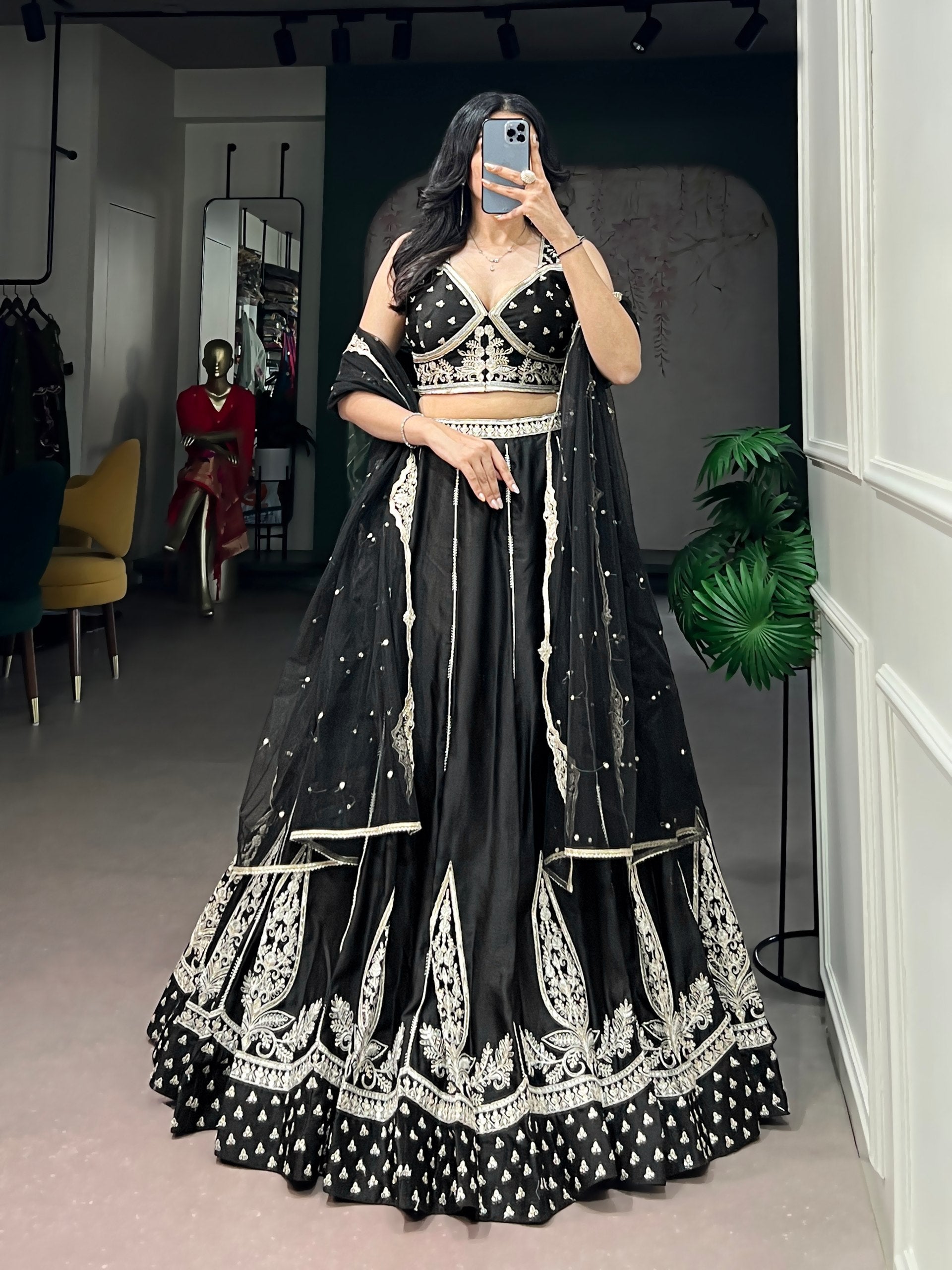 Black Naysha Silk Lehenga Choli Set with Ivory Embroidery