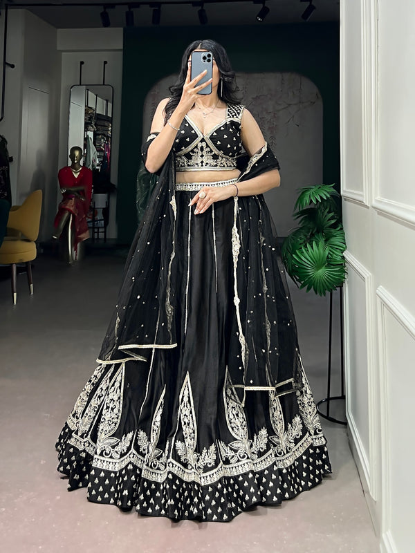 Black Naysha Silk Lehenga Choli Set with Ivory Embroidery