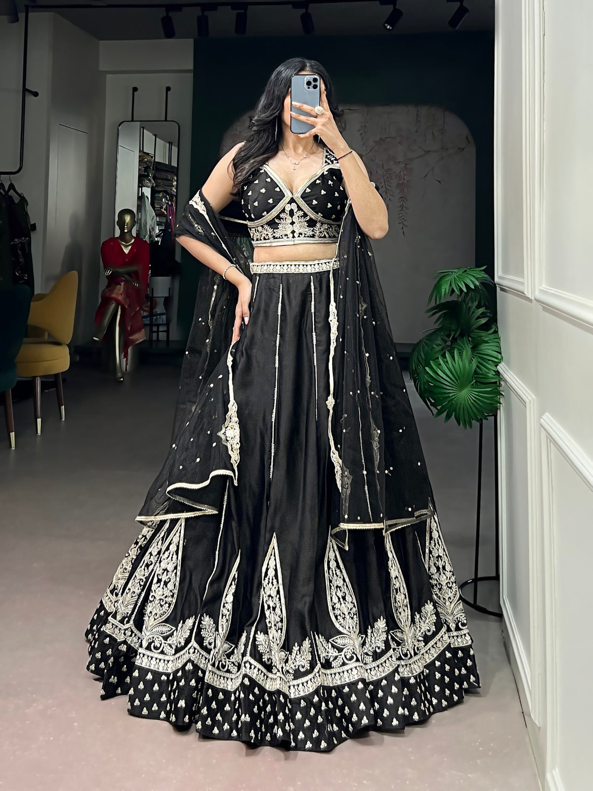 Black Naysha Silk Lehenga Choli Set with Ivory Embroidery