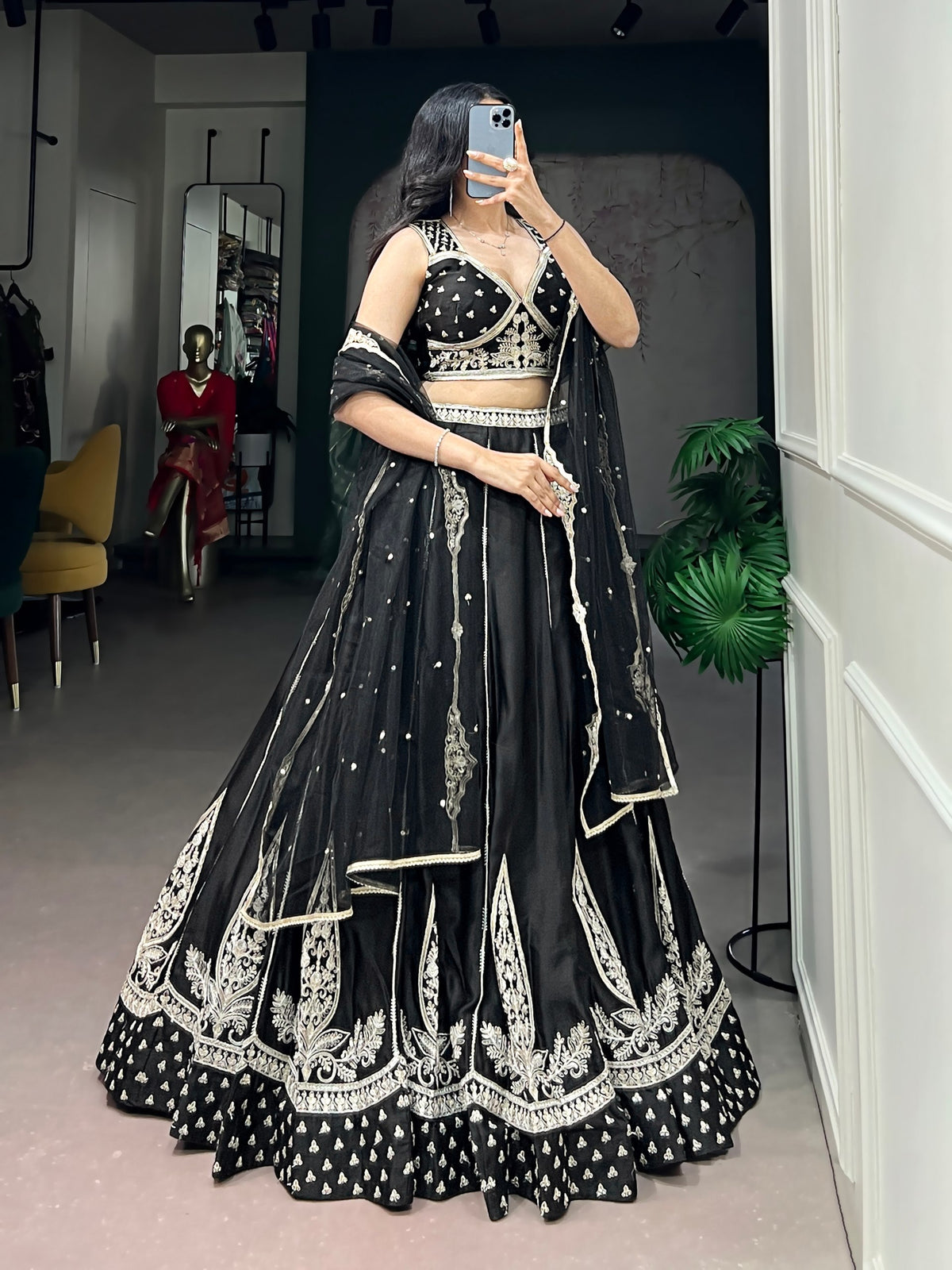 Black Naysha Silk Lehenga Choli Set with Ivory Embroidery