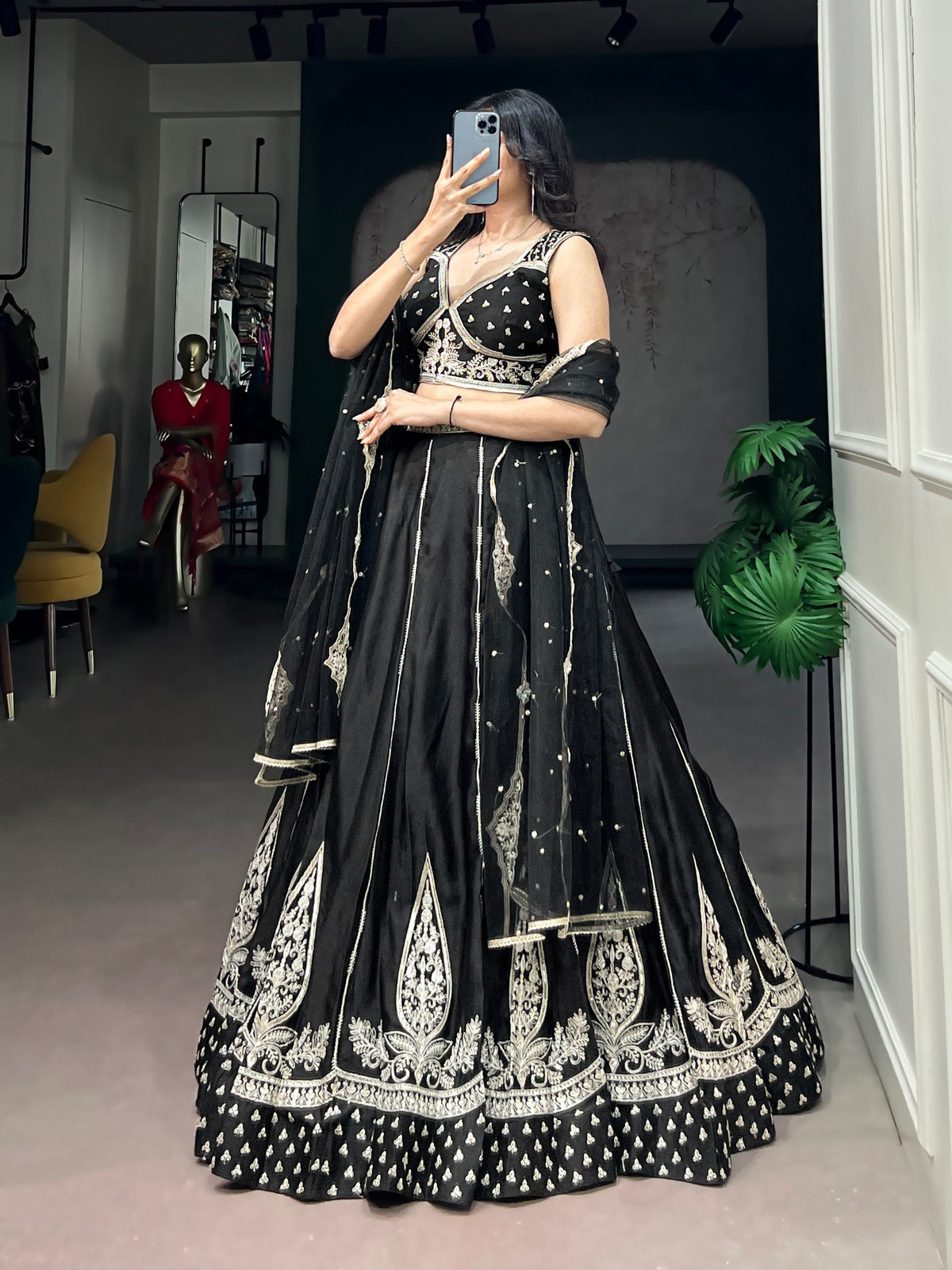 Black Naysha Silk Lehenga Choli Set with Ivory Embroidery