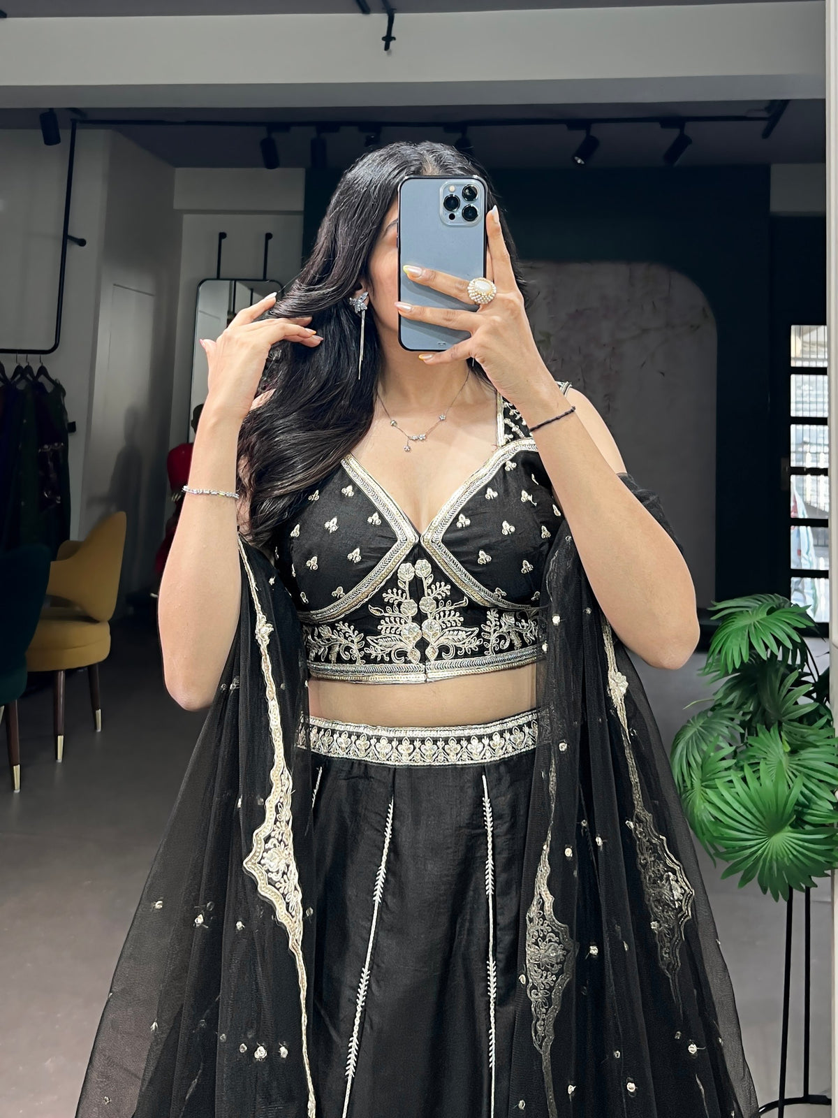 Black Naysha Silk Lehenga Choli Set with Ivory Embroidery