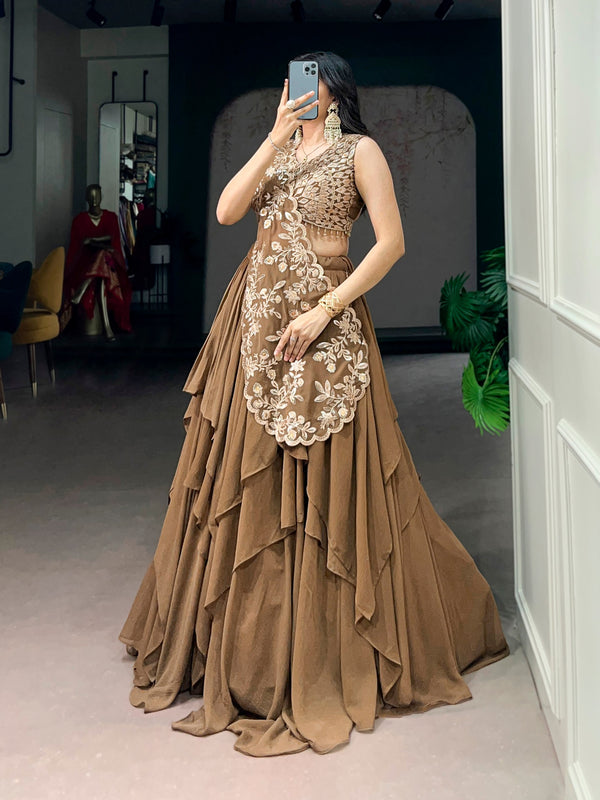 Mocha Brown Layered Marble Lehenga Choli Set