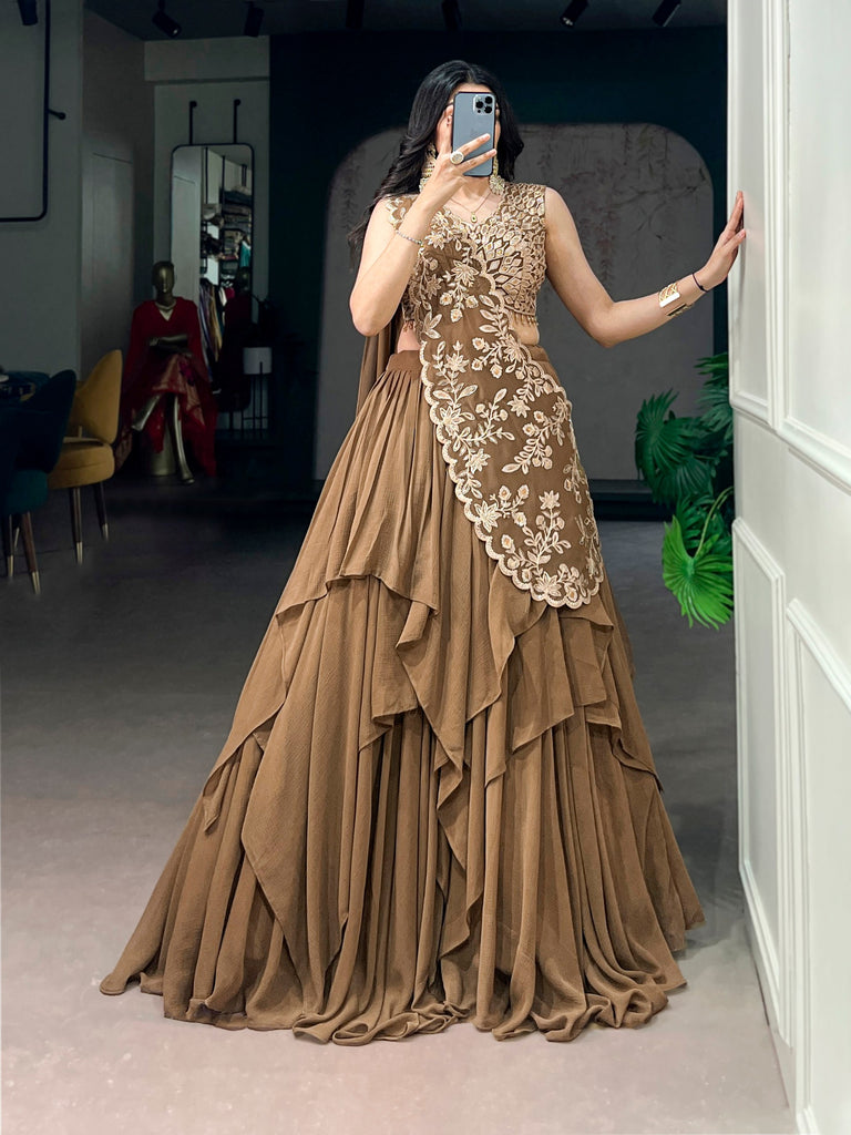 Mocha Brown Layered Marble Lehenga Choli Set