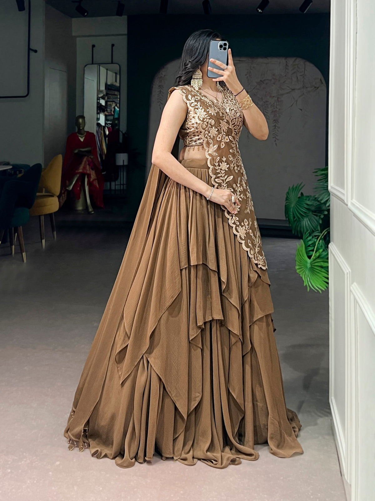Mocha Brown Layered Marble Lehenga Choli Set