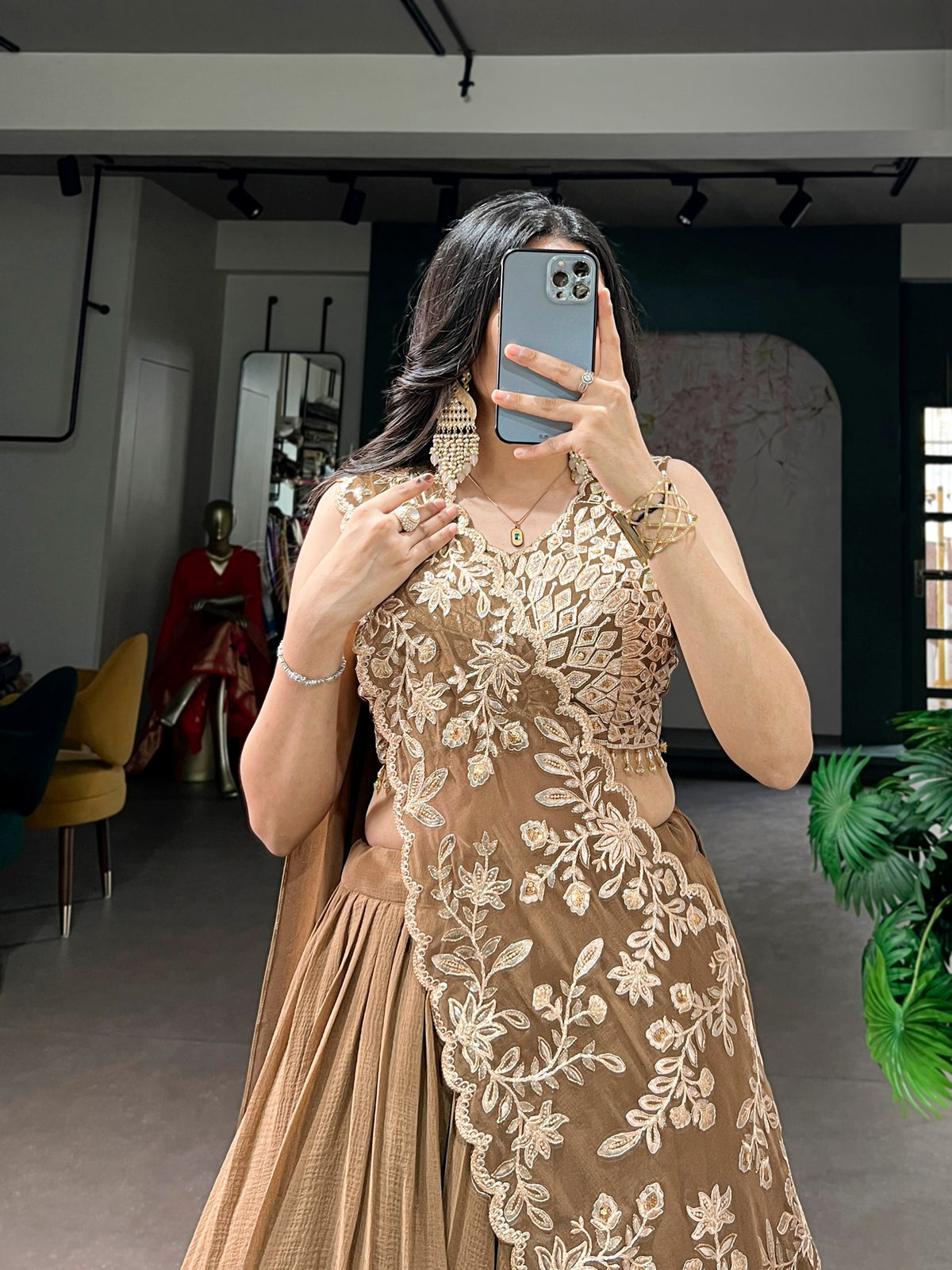 Mocha Brown Layered Marble Lehenga Choli Set