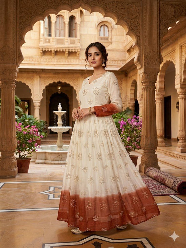 Rust Shaded Silver Crunchy Embroidered Gown