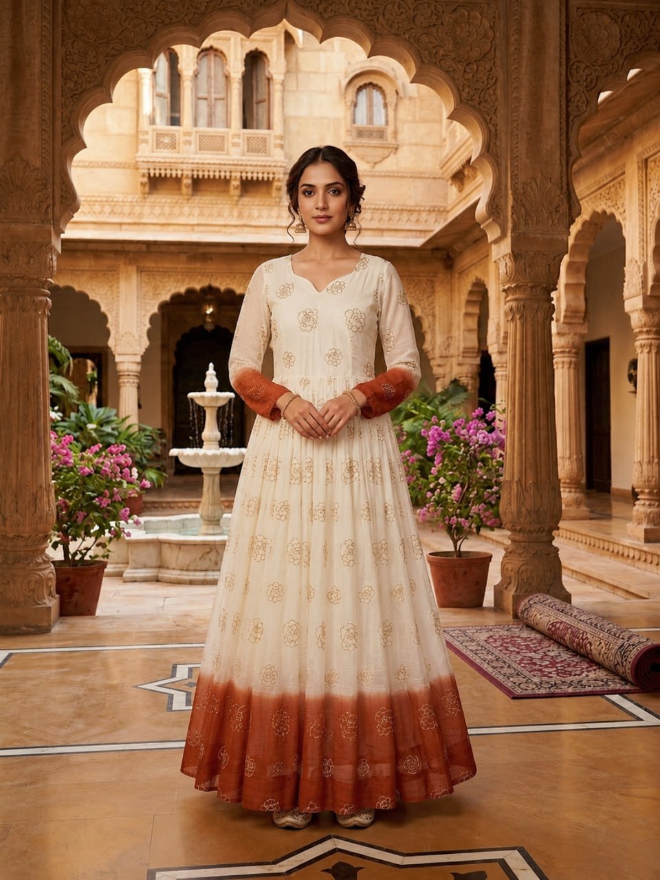 Rust Shaded Silver Crunchy Embroidered Gown