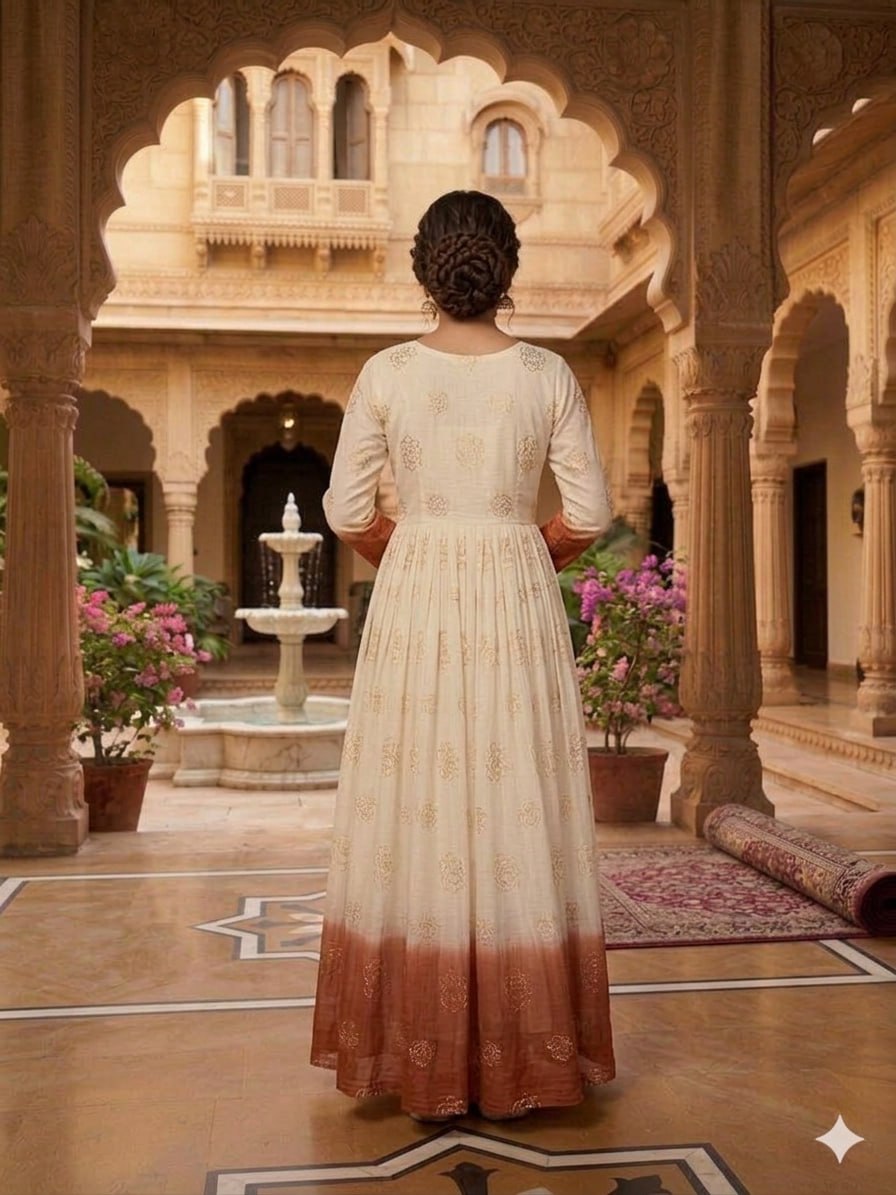 Rust Shaded Silver Crunchy Embroidered Gown