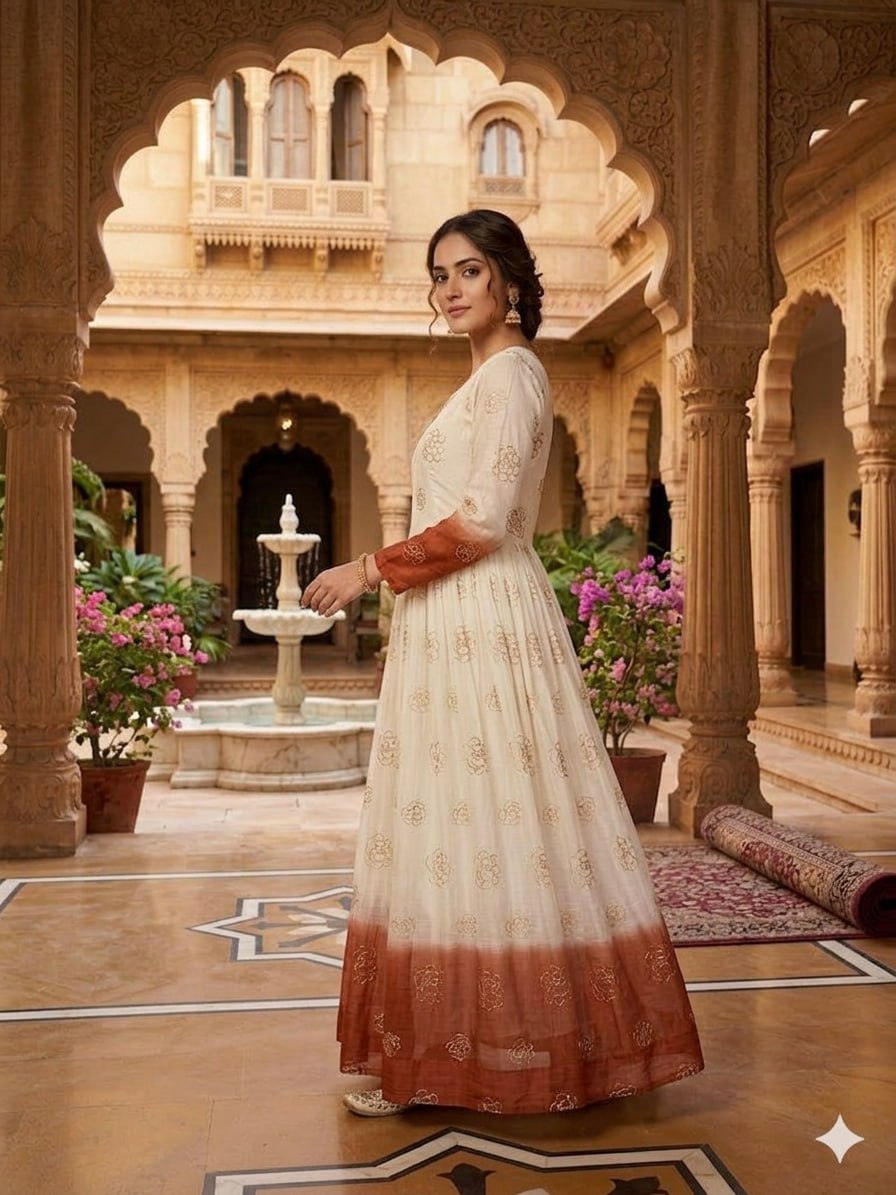 Rust Shaded Silver Crunchy Embroidered Gown