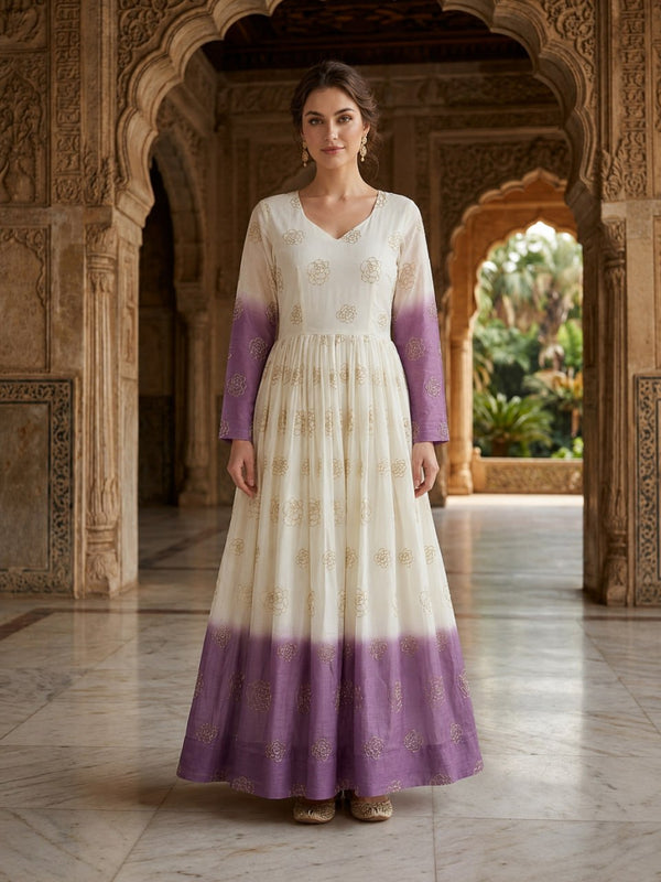 Purple Shaded Silver Crunchy Embroidered Gown