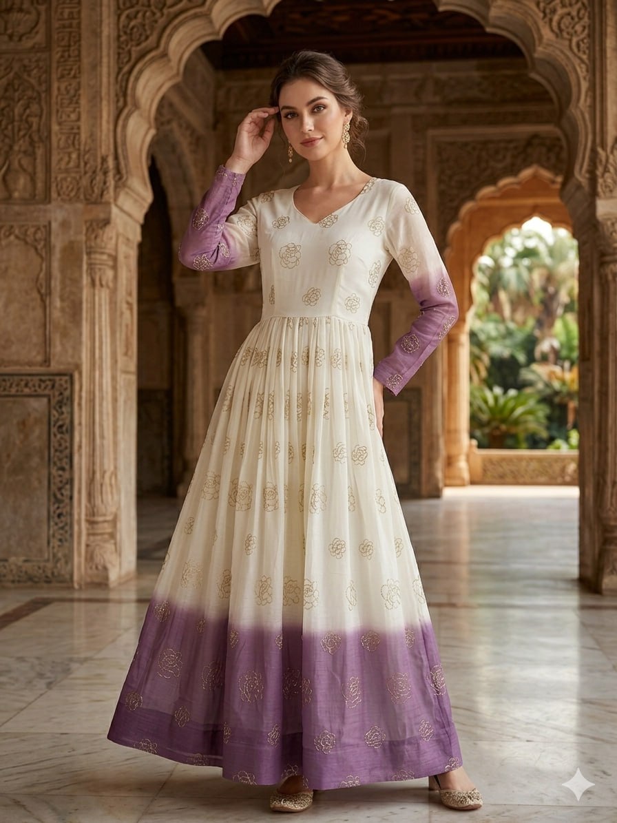 Purple Shaded Silver Crunchy Embroidered Gown