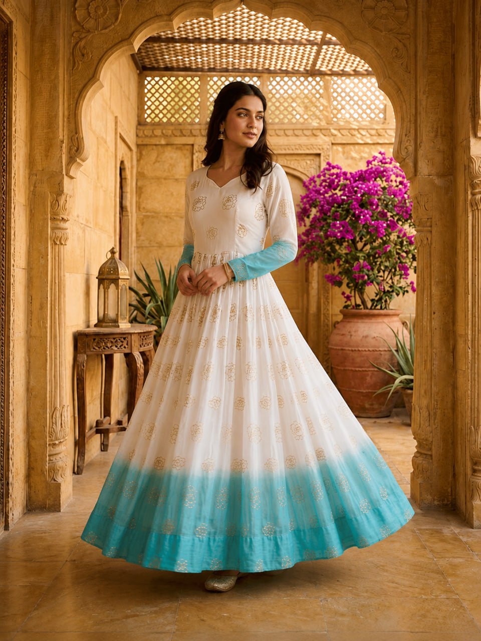 Sky Blue Shaded Silver Crunchy Embroidered Gown