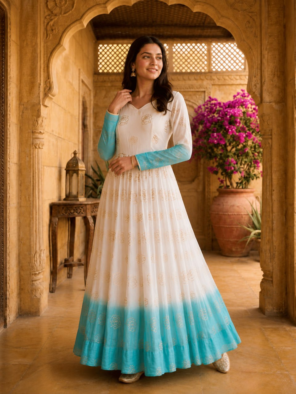 Sky Blue Shaded Silver Crunchy Embroidered Gown
