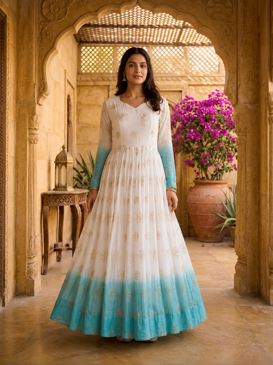Sky Blue Shaded Silver Crunchy Embroidered Gown