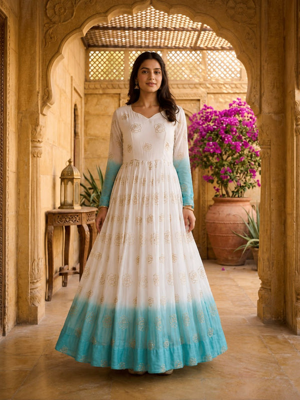 Sky Blue Shaded Silver Crunchy Embroidered Gown