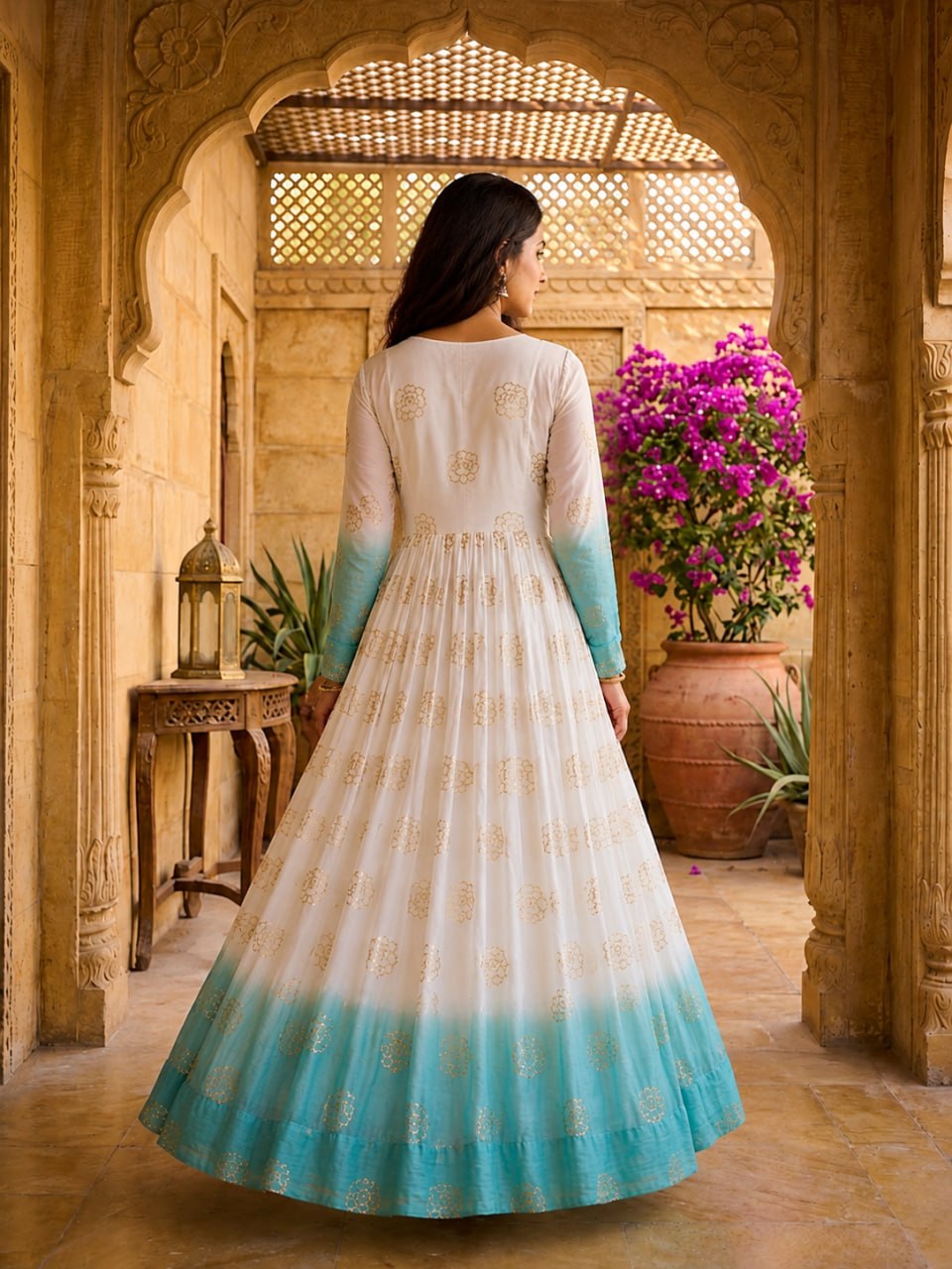 Sky Blue Shaded Silver Crunchy Embroidered Gown