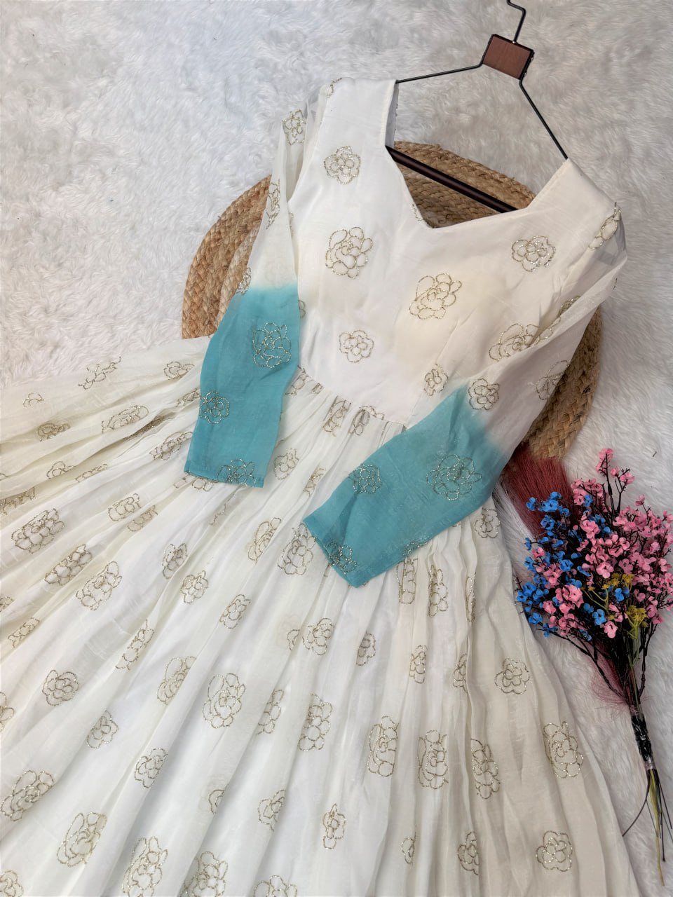 Sky Blue Shaded Silver Crunchy Embroidered Gown