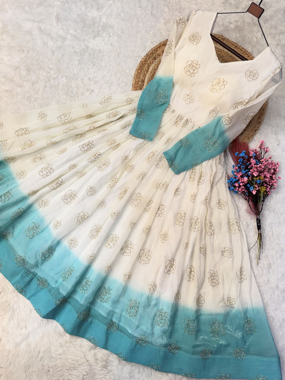 Sky Blue Shaded Silver Crunchy Embroidered Gown