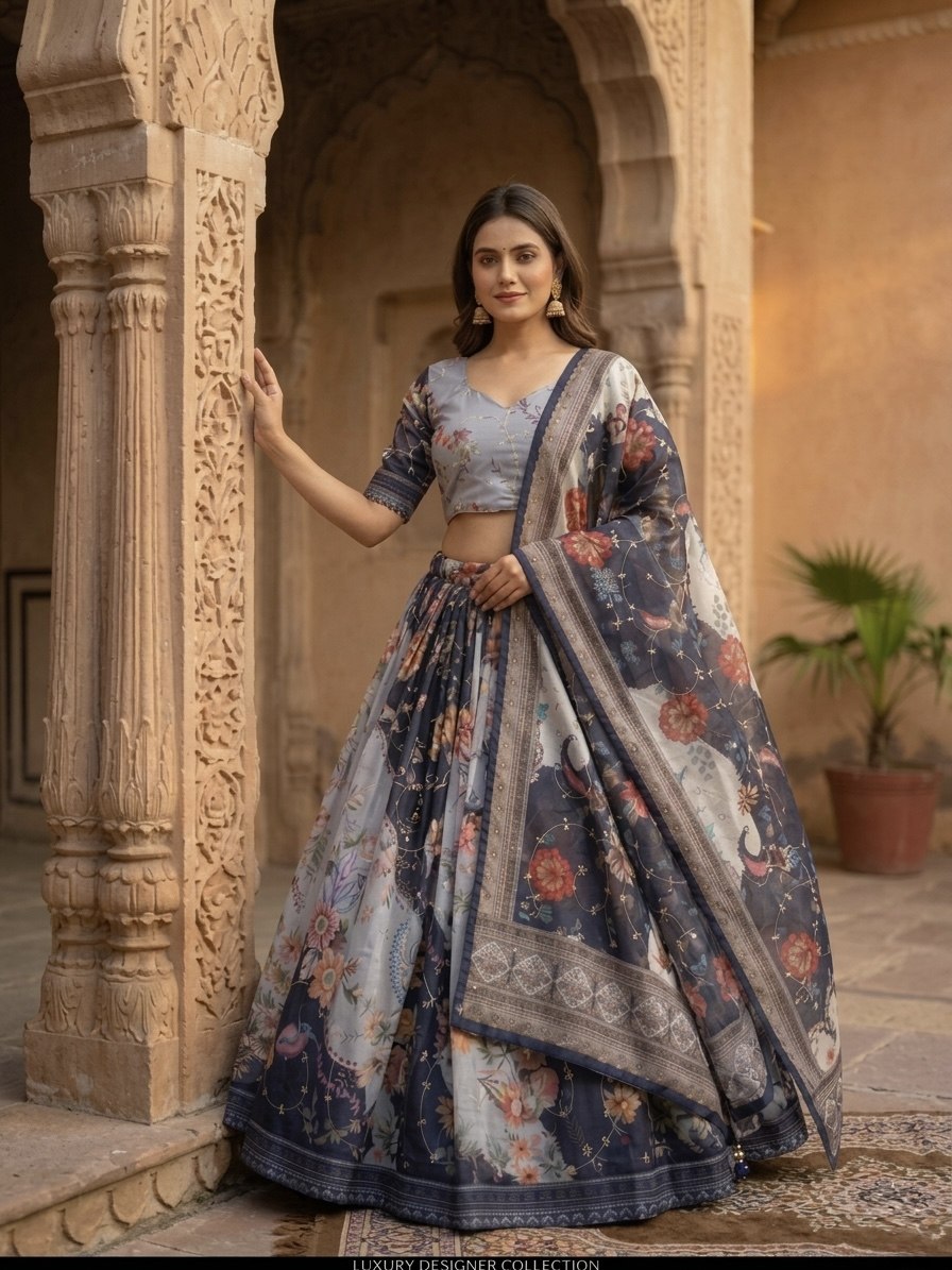 Blue Tabby Silk Printed Lehenga Choli with Dupatta