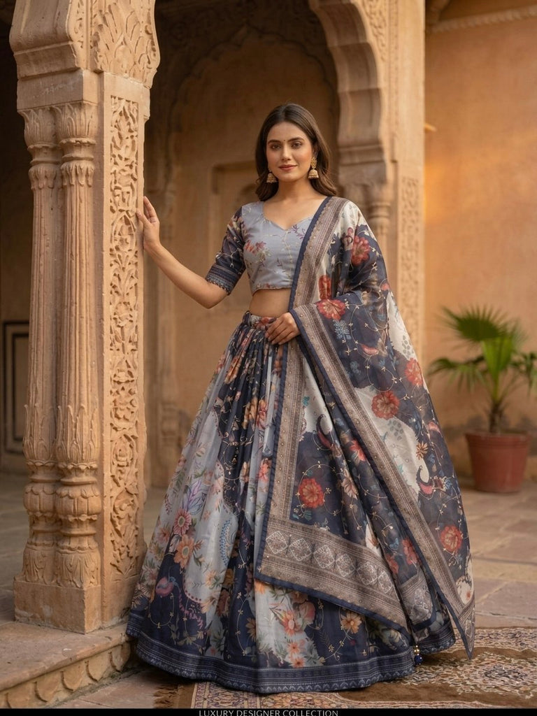 Blue Tabby Silk Printed Lehenga Choli with Dupatta