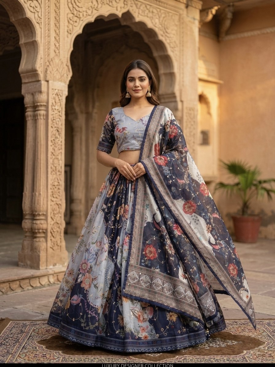 Blue Tabby Silk Printed Lehenga Choli with Dupatta