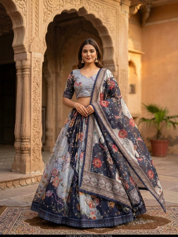 Blue Tabby Silk Printed Lehenga Choli with Dupatta