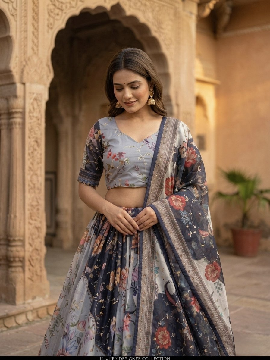 Blue Tabby Silk Printed Lehenga Choli with Dupatta
